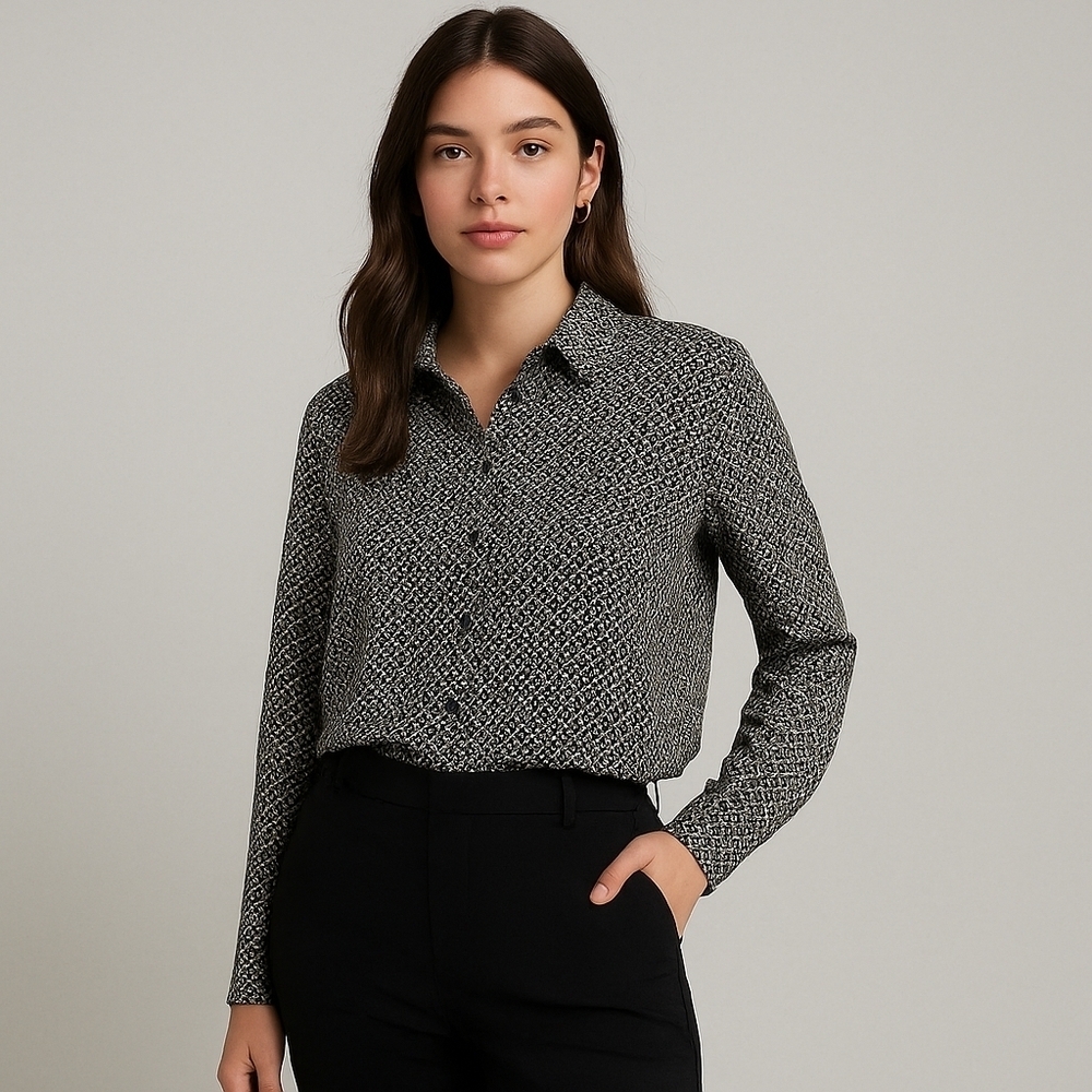 Pleione Gray Houndstooth Print Collared Long Sleeve Blouse Women’s XL – EUC